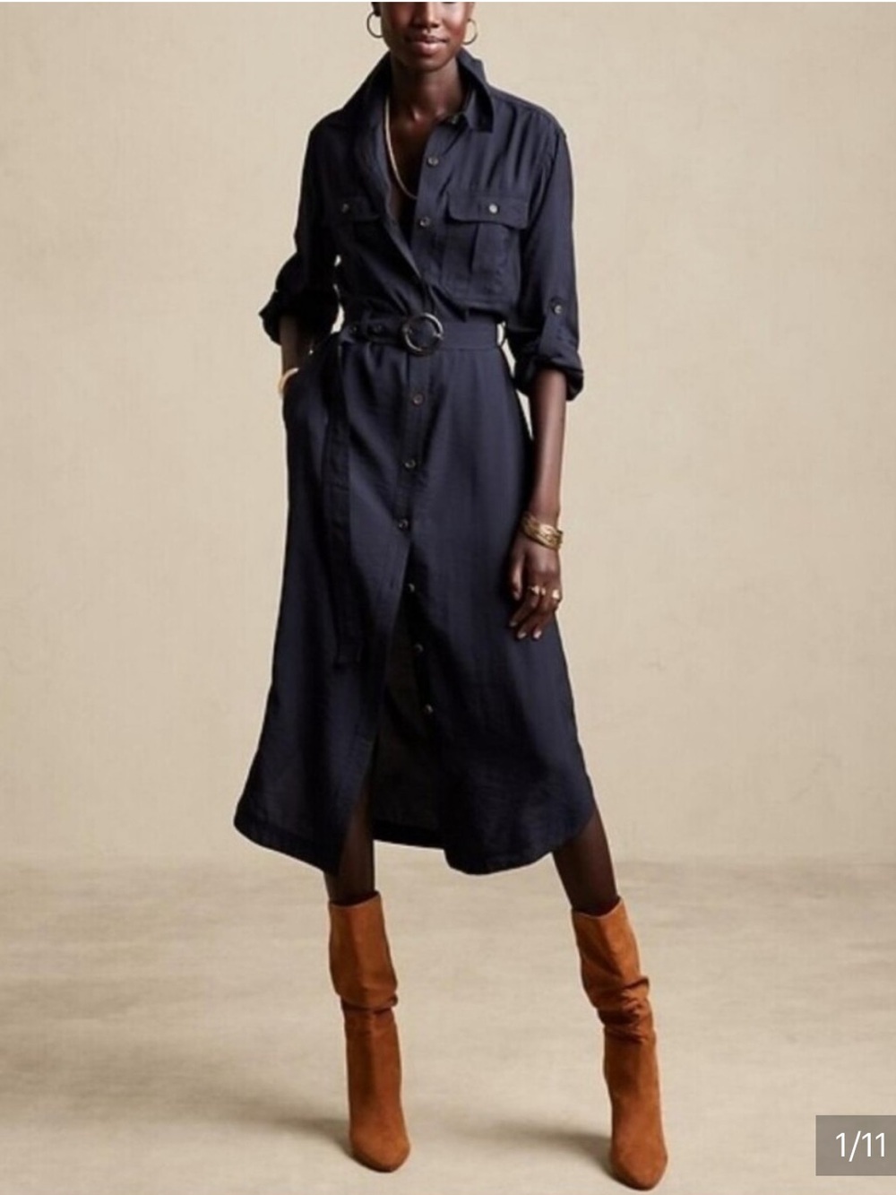 Banana Republic Navy Button-Front Midi Shirt Dress